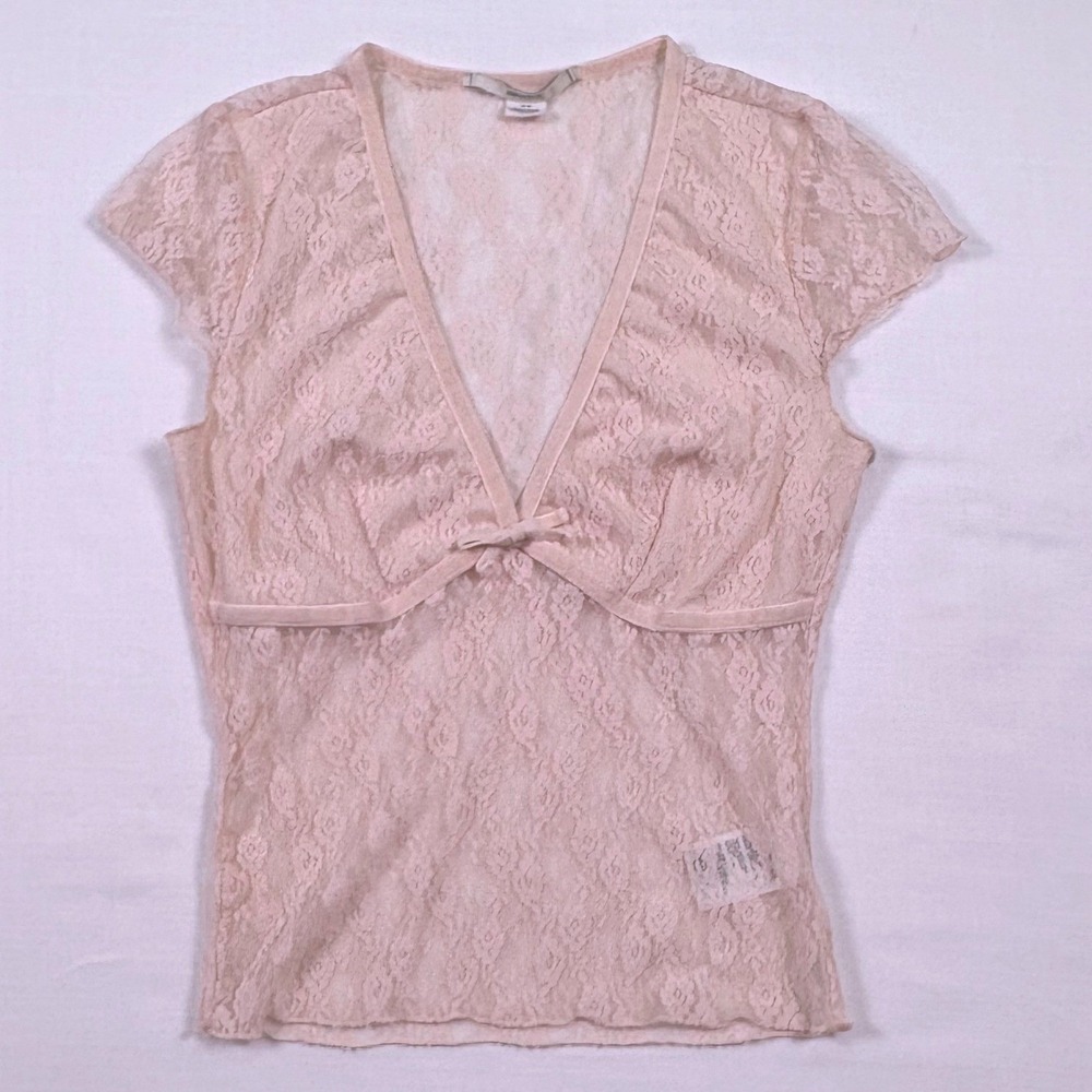 Kimchi Blue Pink Floral Lace V-Neck Top Size M Coquette Fairycore Balletcore Y2K